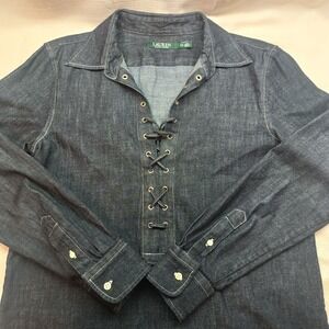 Lauren Ralph Lauren Dark Wash Denim Shirt Women XS Tunic Lace Up Tie Long Sleeve